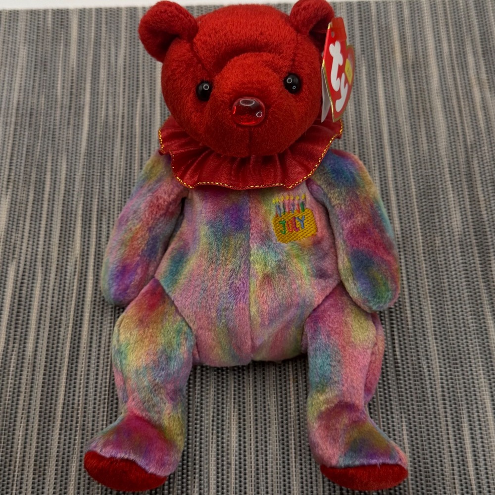 Ty Beanie Babies July Birthday Bear Ruby Birthstone Tie Dye Plush Red 8 inch